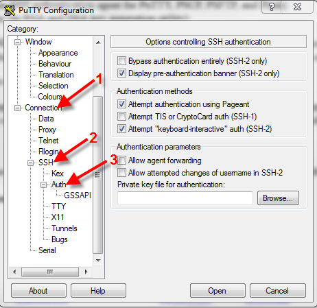 Sau khi giải nén quý khách mở file: PUTTY.EXE click Connection click SSH, và Auth như hình dưới.